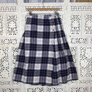 Vintage Plaid Wool Wrap Midi Skirt Preppy Old Money Academia School Girl